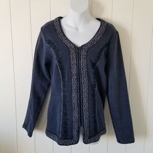 Inca Cottons Peru Boho Embroidered Blue Zip Top Long Sleeve Medium